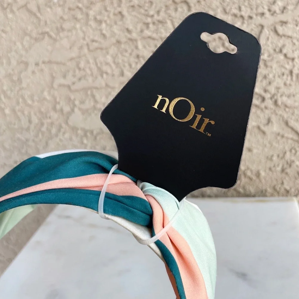 NOIR NWT Teal, Turquoise Green, Aqua & Peach Striped Satin Twist Knot Headband - Picture 5 of 6